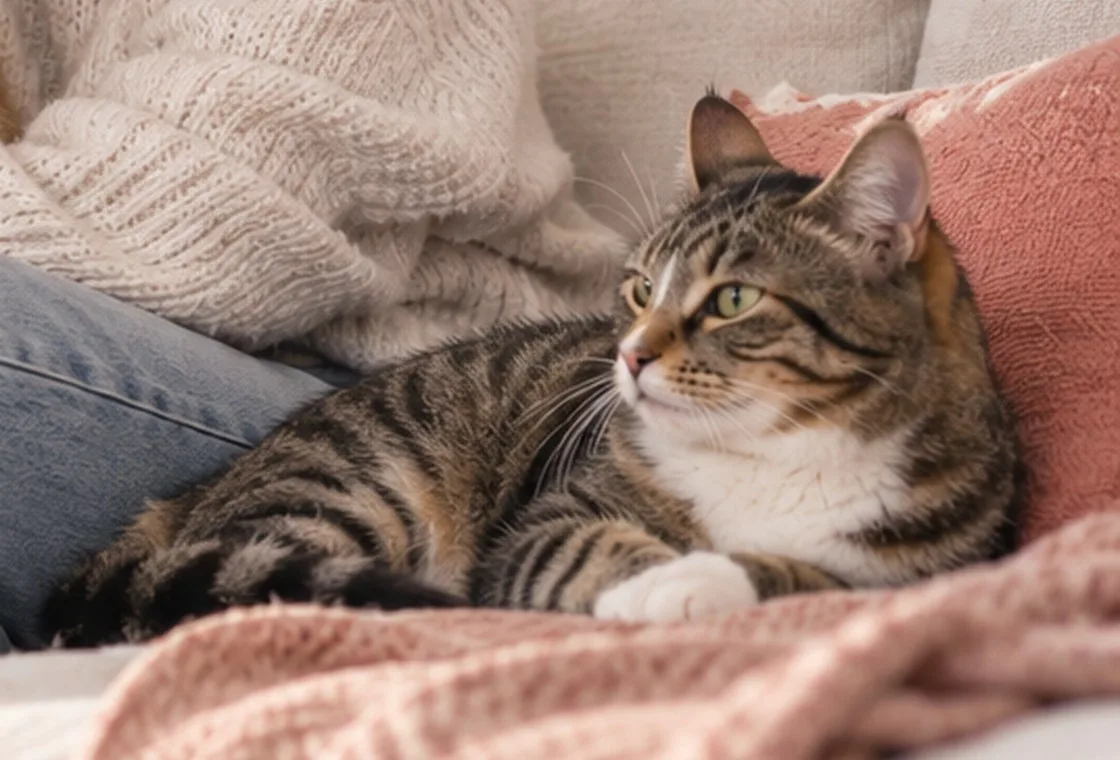 Tabby cat resting at home on a blanket